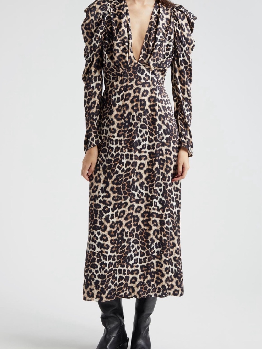 Plunging V-Neck Long Sleeve Leopard Midi Dress - Brown/Black